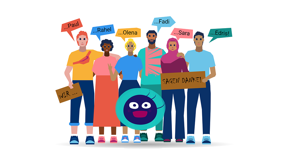 Sechs grafisch dargestellte Personen mit Sprechblasen über ihren Köpfen, in denen ihre Namen zu sehen sind. (Quelle: Drudel 11 e.V.) Sechs grafisch dargestellte Personen mit Sprechblasen über ihren Köpfen, in denen ihre Namen zu sehen sind.